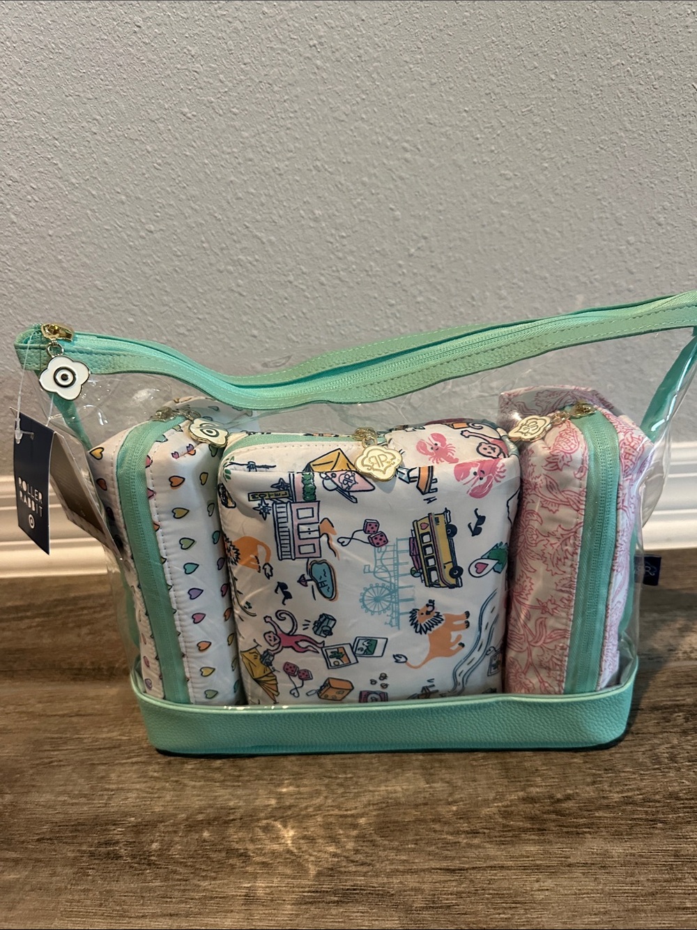 Roller Rabbit x Target Beauty Bag Set with Mint Trim & Patterned Pouches NWT